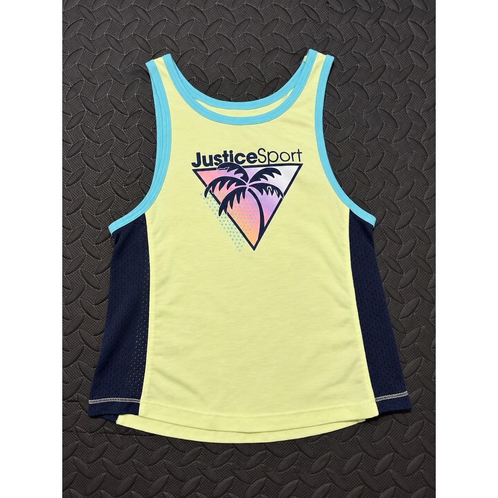 Justice Sport Girls Lime Yellow Navy Blue Palm Tree Mesh Activewear Tank Top XS
